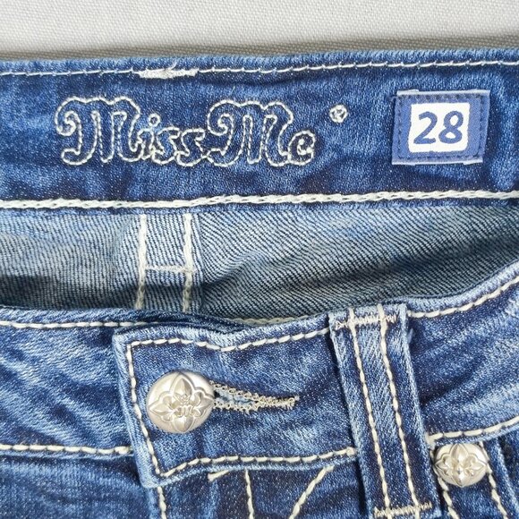 Miss Me jean mid shorts women's sz 28 hard washed denim blue embroidered pockets - Picture 6 of 13